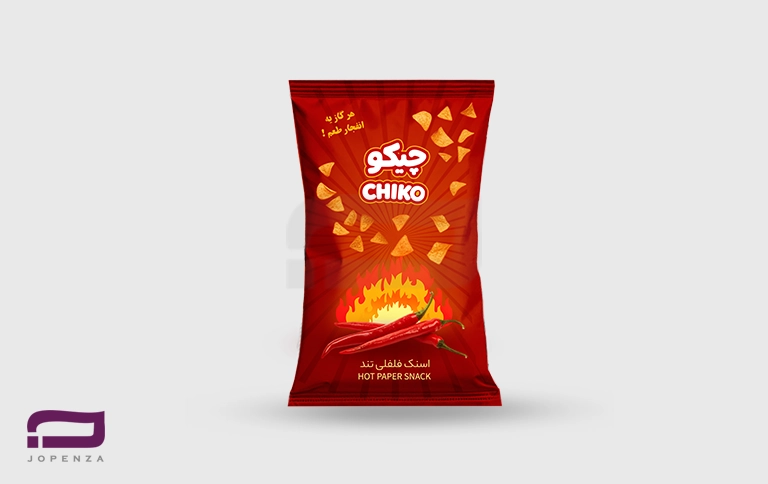 طراحی بسته بندی اسنک چیکو تند فلفلی