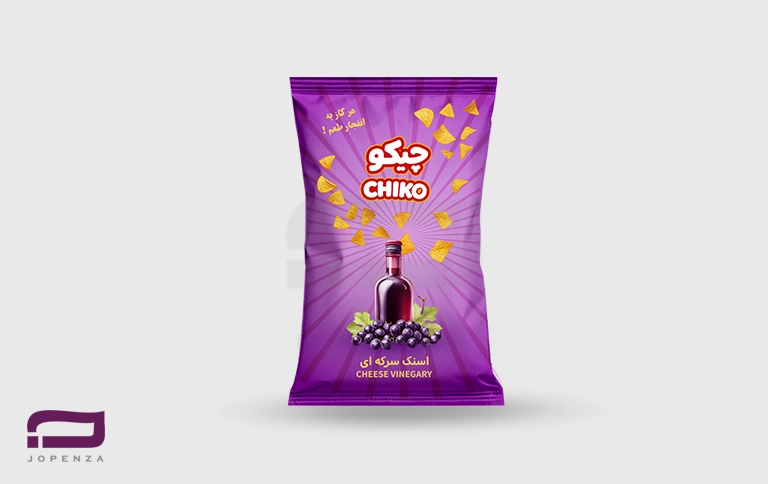 طراحی بسته بندی اسنک چیکو سرکه ای